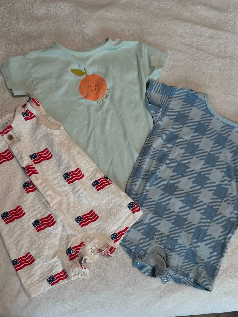 3-Piece Baby Romper Bundle - Mint Orange, Blue Check, Flag Print